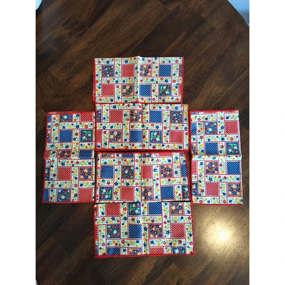 Vintage Quilted Coaster Rugs and Napkin Red Blue Floral Polka Dot Patchwork GVC